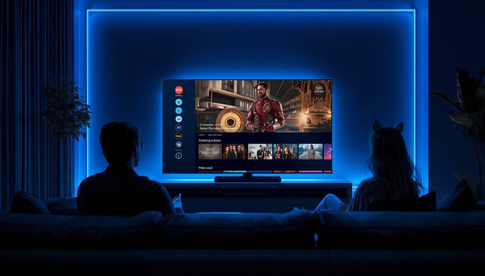 A couple watching VocoTV IPTV on a large Smart TV in a modern living room with blue ambient lighting in the USA